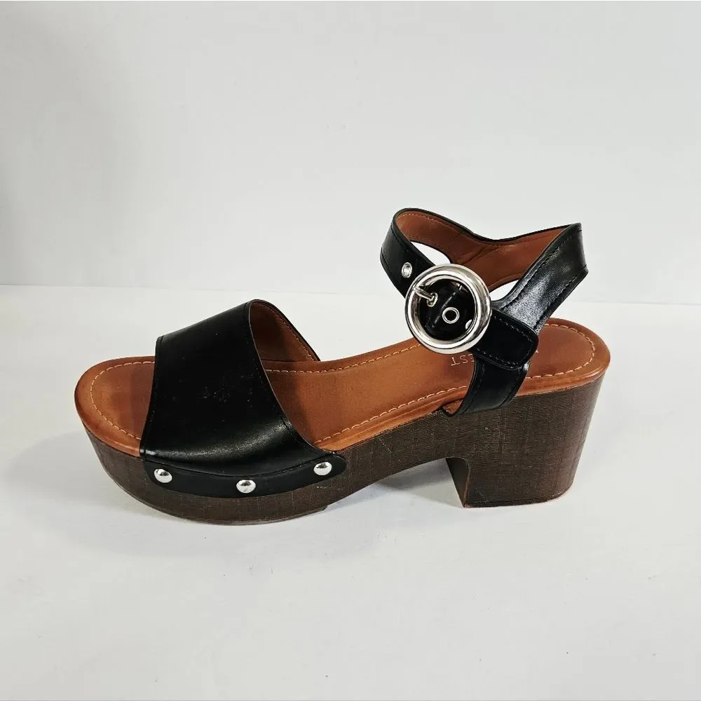 Nine West Jayce Black Stud Buckle Detail Chunky Wood-Look Platform Sandal 10